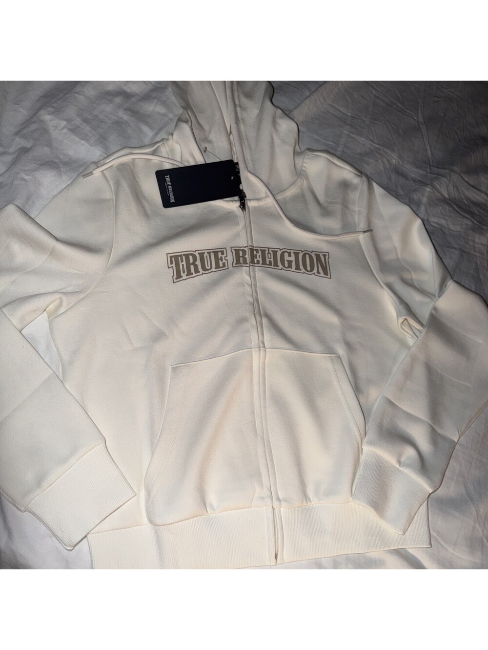 NWT True Religion cream Velour Wing Zip Up Hoodie Size M Medium